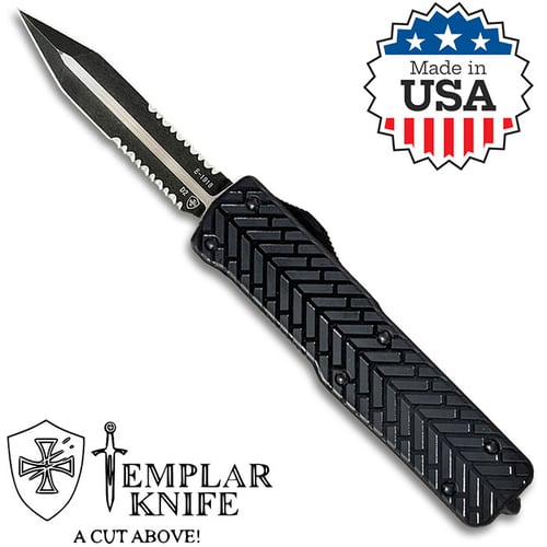 Herringbone Black 3in Dagger Black Oxide Powder D2 Serrated Edge Black Handle | 093674815858